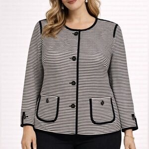 Talbots Suit Jacket Blazer 14W Black White Stripe Nautical Cotton Blend NEW